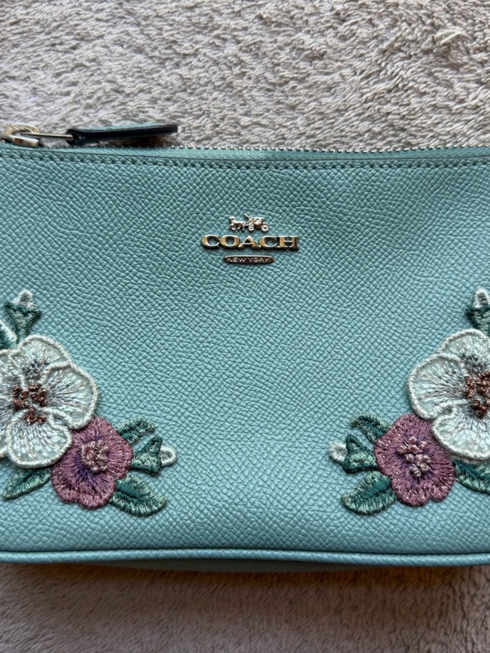 Coach Aqua Floral Applique Leather Shoulder Bag with Chain Strap - Picture 2 of 3